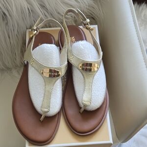 Michael Kors Gold Brown Sandals with T-Strap Design